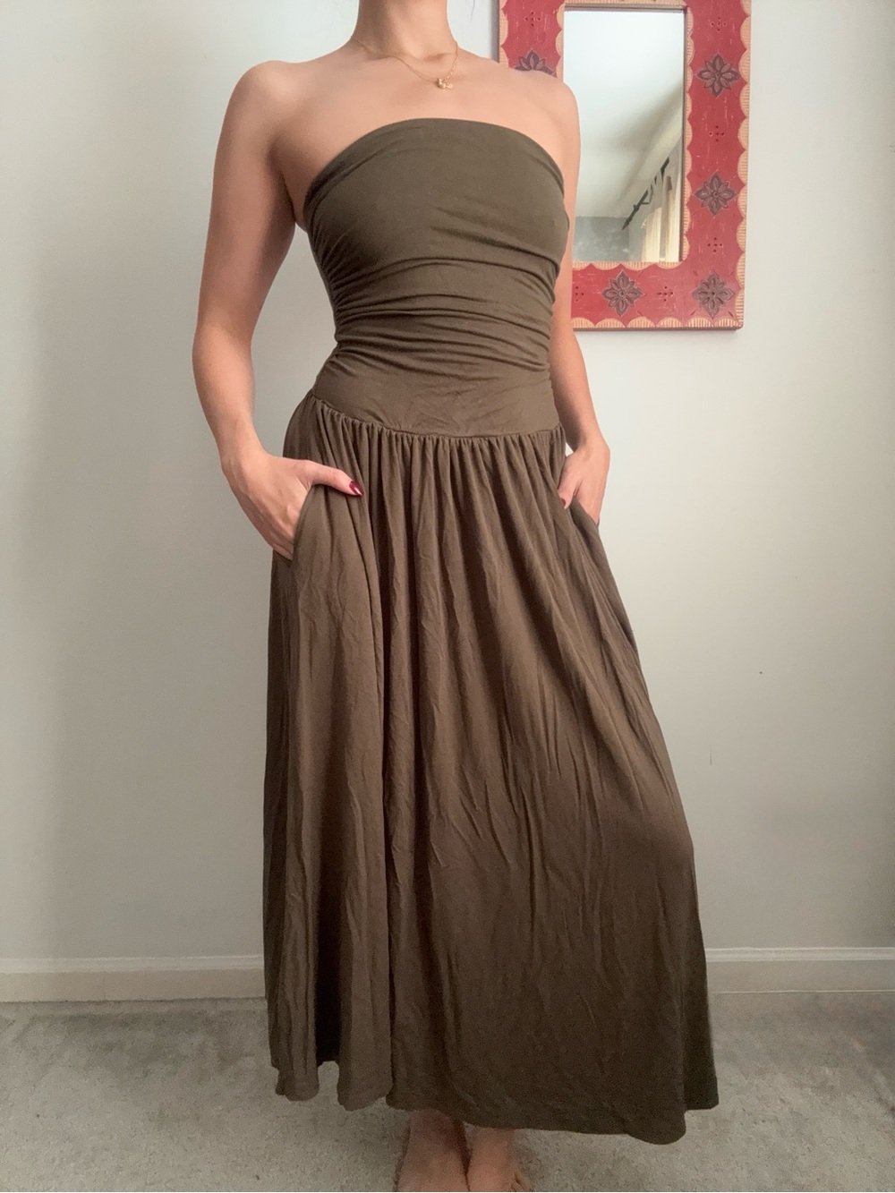 BTFBM Dark forest green double lined ruched strapless cotton midi dress
